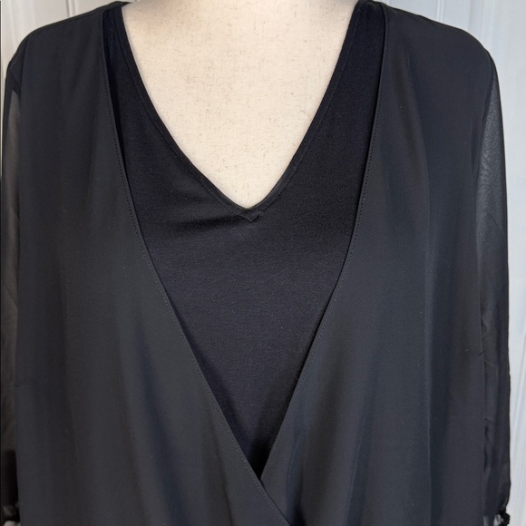 JM Collection Black Sheer Faux Wrap Overlay Blouse Sz L - Picture 2 of 10